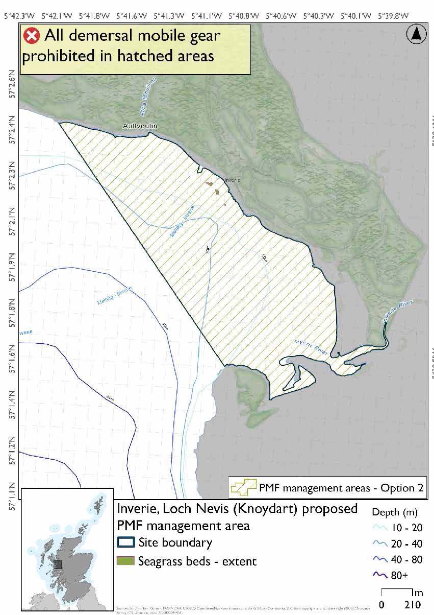 Map shows the area for measures covering a larger part of the sea off the mainland at Inverie in Loch Nevis with the boundaries extending further up the coast and cutting across the bay at a headland . There are 3 seagrass areas just off the shoreline by Invrie. 