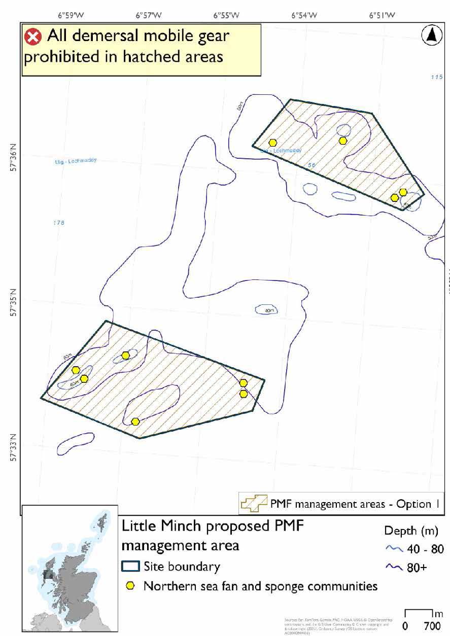 Map shows the area for measures covering two separate areas in the Inner Hebrides between the Outer Hebrides and north East of Skye. There are four northern sea fan and sponge communities records in the northern section and six northern sea fan and sponge communities records in the southern section.  The areas are drawn quite tightly around the distribution of the records. 