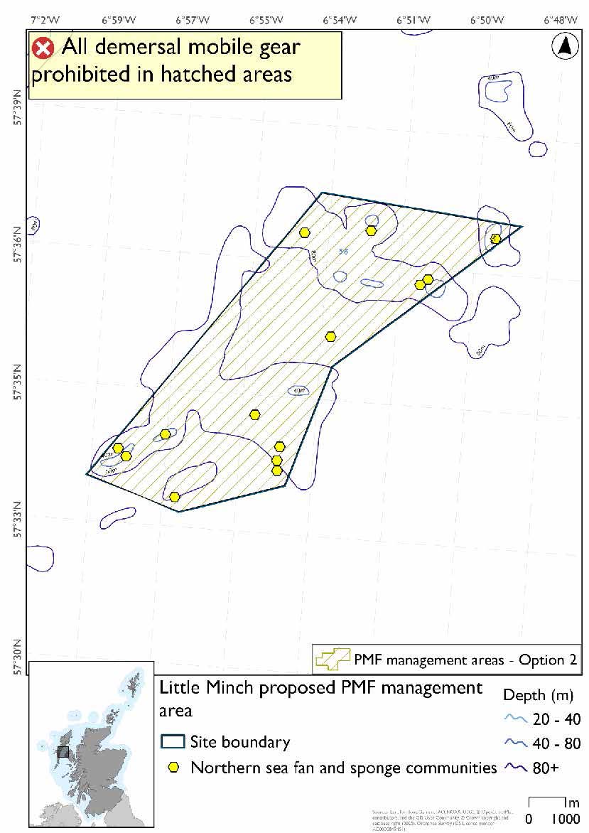 Map shows the area for measures covering a larger area connecting the two split areas outlined in the reduced area map. This is located in the Inner Hebrides between the Outer Hebrides and north East of Skye. 
There are a total of fourteen northern sea fan and sponge communities records spread throughout the area. 