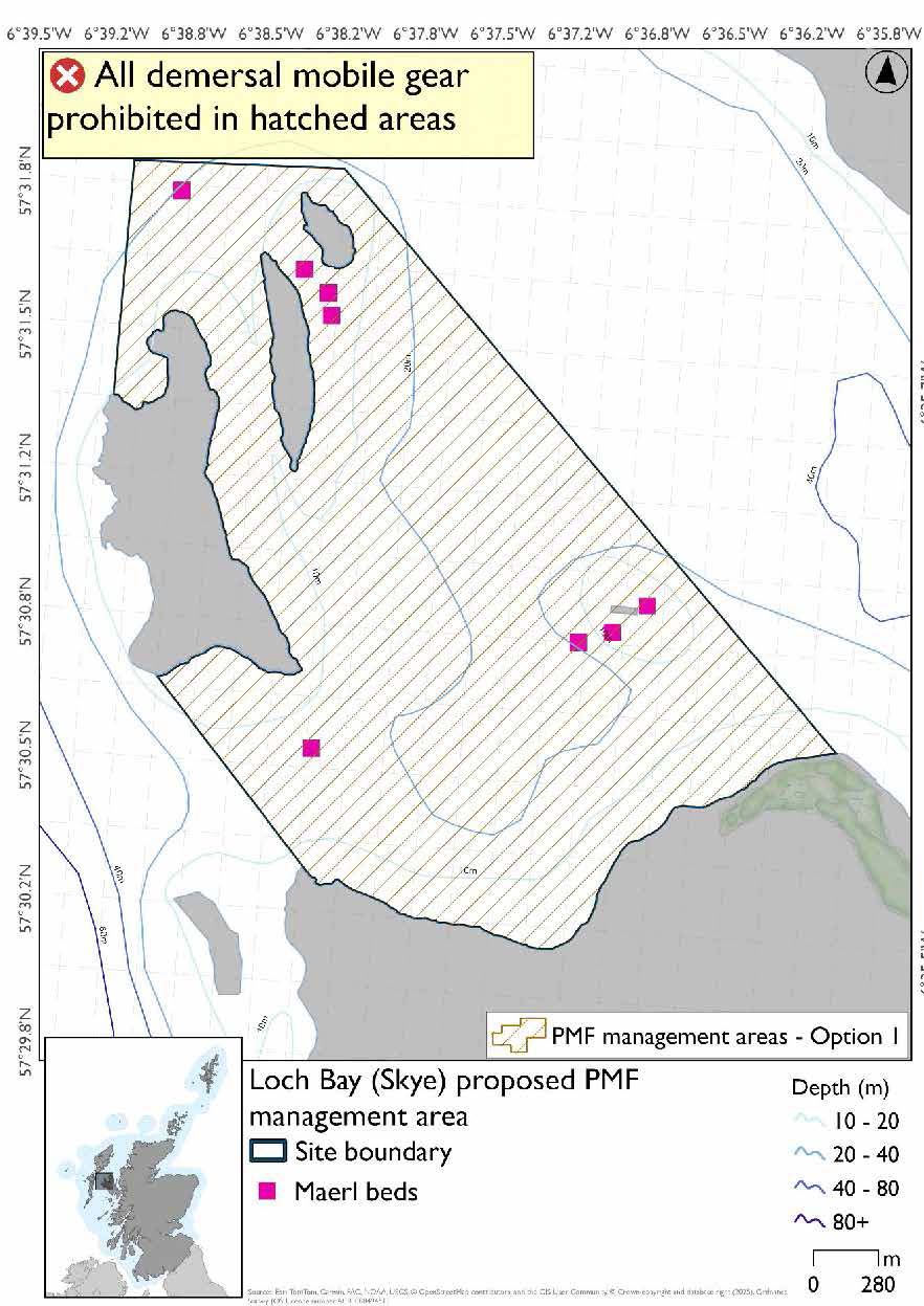 Map shows area for measures extending from the headland west of Loch Bay northwest to take in the islands of Isay, Mingay, and Clett. Four maerl beds are located between the headland and the islands, three maerl records in-between two islands at the north of the area with a third north of Isay.