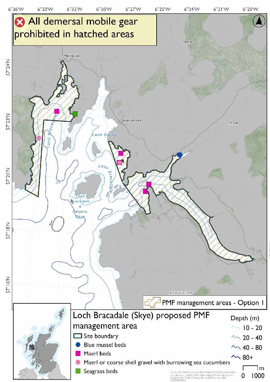 Map shows the area for measures covering three separate areas in Loch Bracadale. One on the west side of the loch including Loch Vatten and Loch Bharcasaig then running narrowly down the west coast of the loch. This area includes a maerl or coarse shell gravel record in the narrow strip down the coast and a maerl and seagrass record at the end of Loch Vatten. 

The other areas are on the east side of the loch made up of Loch Halport and the bay at Ebost. There are two maerl records and a maerl or coarse shell gravel record in the bay, two maerl records at the mouth of Loch Halport and a blue mussel record just off Bracadale. 