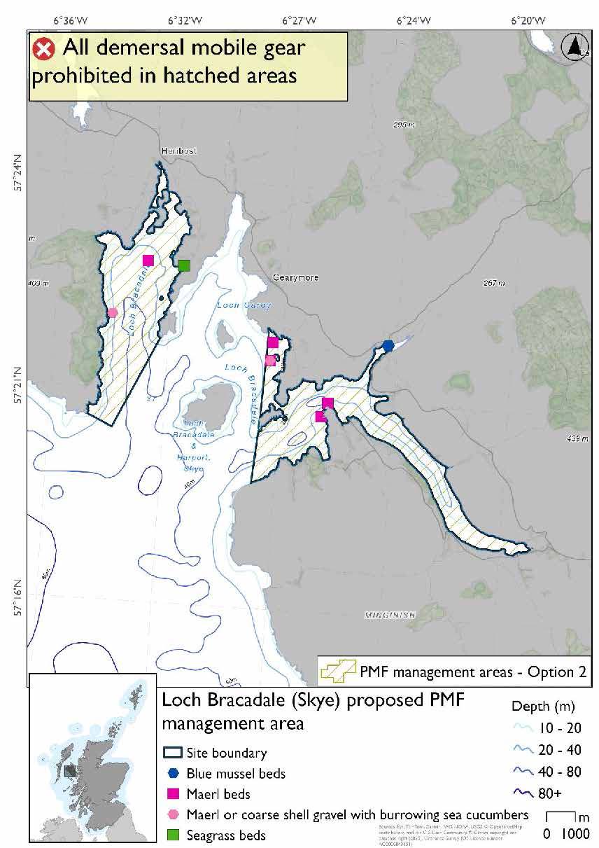 Map shows the area for measures covering two separate areas in Loch Bracadale. One on the west side of the loch including Loch Vatten and Loch Bharcasaigout to the sea. This area includes a maerl or coarse shell gravel record in the narrow strip down the coast and a maerl and seagrass record at the end of Loch Vatten. 

The other area is on the east side of the loch made up of Loch Halport and the bay at Ebost, area extends further out into Loch Bracadale than option 1. There are two maerl records and a maerl or coarse shell gravel record in the bay, two maerl records at the mouth of Loch Halport and a blue mussel record just off Bracadale. 