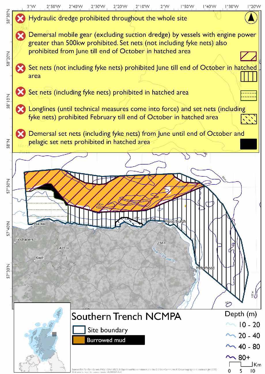 Option 1 map shows the Southern Trench Nature Conservation Marine Protected Area (NCMPA) covering an area off the coast between Buckie and Peterhead extending 30km outwards to a depth below 80m in most parts. A large band of burrowed mud runs through the north of the site. Hydraulic dredges are prohibited throughout the site. This site has further zoned measures, divided into 5 zones. 