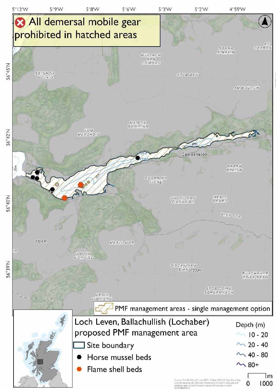 Map shows the area to be protected extending from the head of the loch to the Ballachulish Bridge. There are a cluster of horse mussel records near bridge and one other about halfway in between the head of the loch and the bridge. There are also 2 flame shell records on the south side of the loch near Ballachulish Peninsula. 