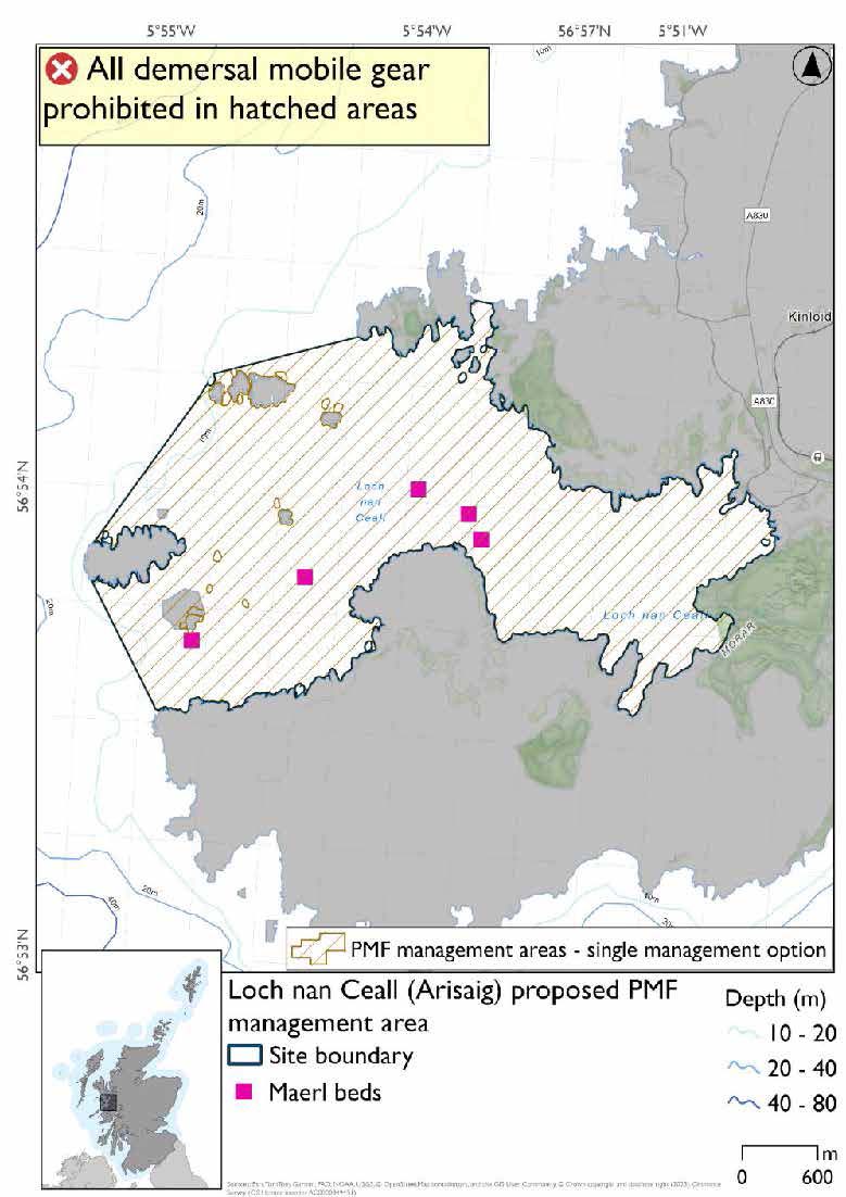Map shows the area to be protected extending from the head of the loch to headland north of Rhu Point beach and cutting across to the northern point encompassing the Arisaig skerries. There are  5 maerl records at different points from the skerries along the southern coast of the proposed area to about hallway in between the skerries and the head of the loch. 