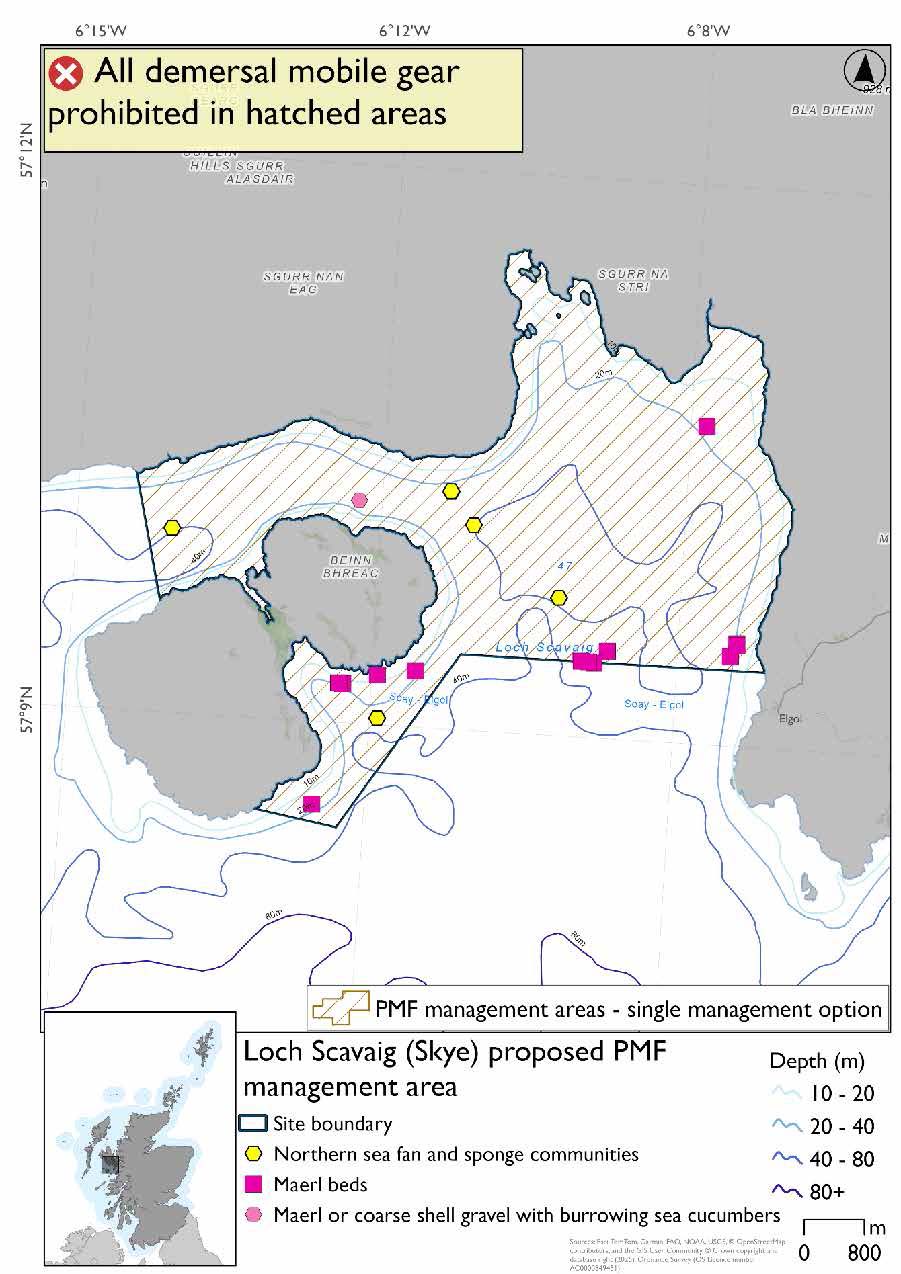 Map shows the area to be protected extending from the coast of out to two large skerries within Loch Scavaig. There is a cluster of maerl records from the coast out to the skerries, another cluster nearer the coast just east of these and one  single record in a bay north of those. 1 maerl or coarse shell gravel with burrowing sea cucumbers record in a narrow channel north of a skerry and between the coast. 4 northern sea fan and sponge communities records situated closer to the skerries. 