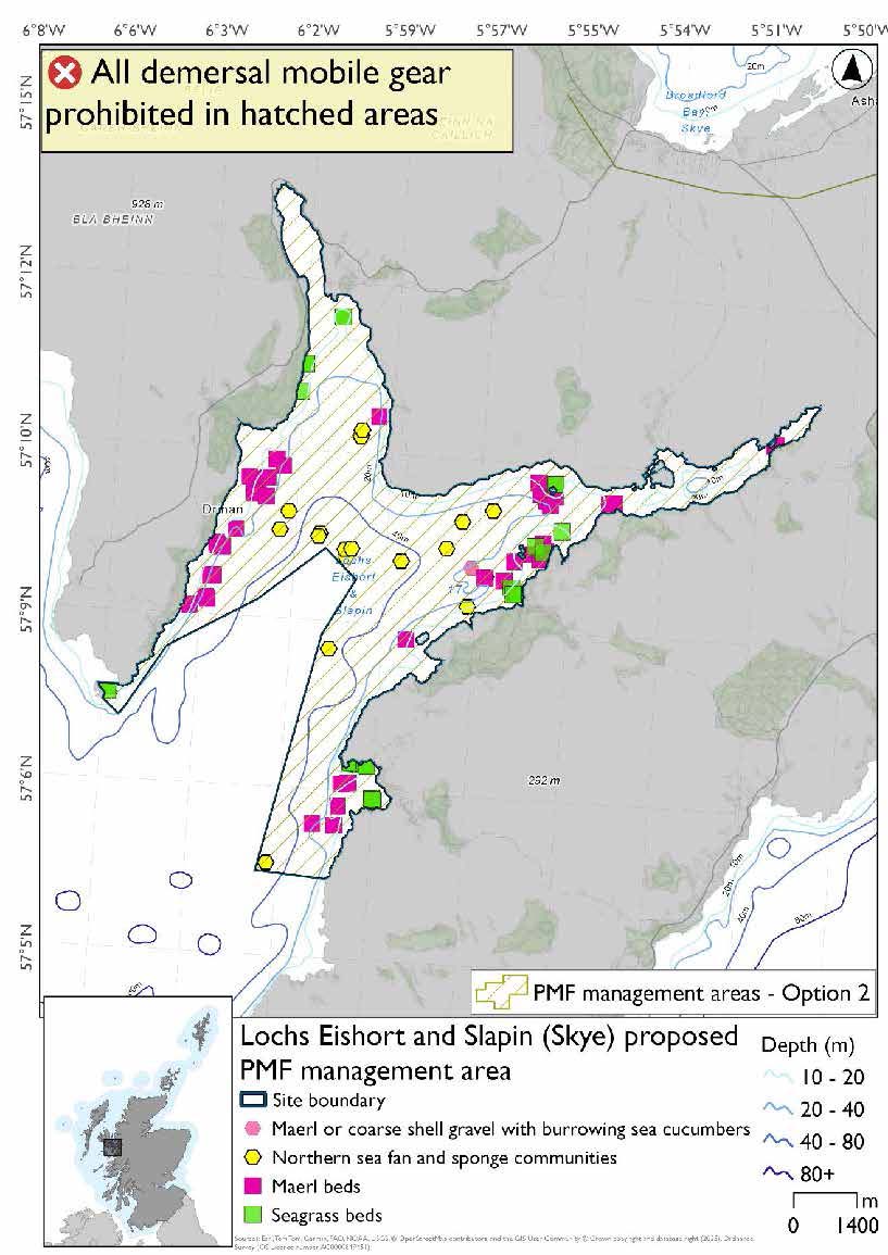 Map shows the area for measures covering coastal waters all around the loch with a smaller area left open in the middle.

There are a large number of maerl and seagrass records along the north west and south east coast of the loch and a large number of northern sea fan and sponge communities records in the south east coastal waters of the area extending into the middle of the loch.