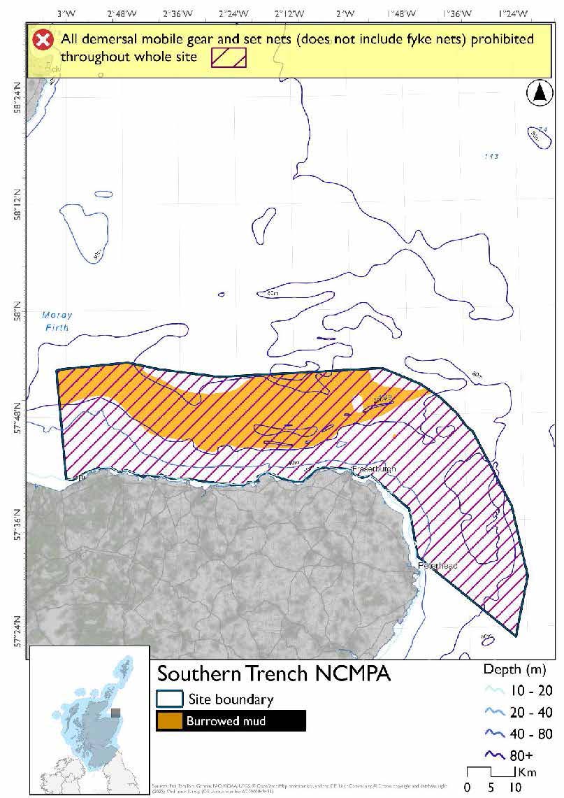 Option 2 map shows the Southern Trench Nature Conservation Marine Protected Area (NCMPA) covering an area off the coast between Buckie and Peterhead extending 30km outwards to a depth below 80m in most parts. A large band of burrowed mud runs through the north of the site. A full site prohibition applies to all demersal mobile gear and set nets (not including fyke nets).