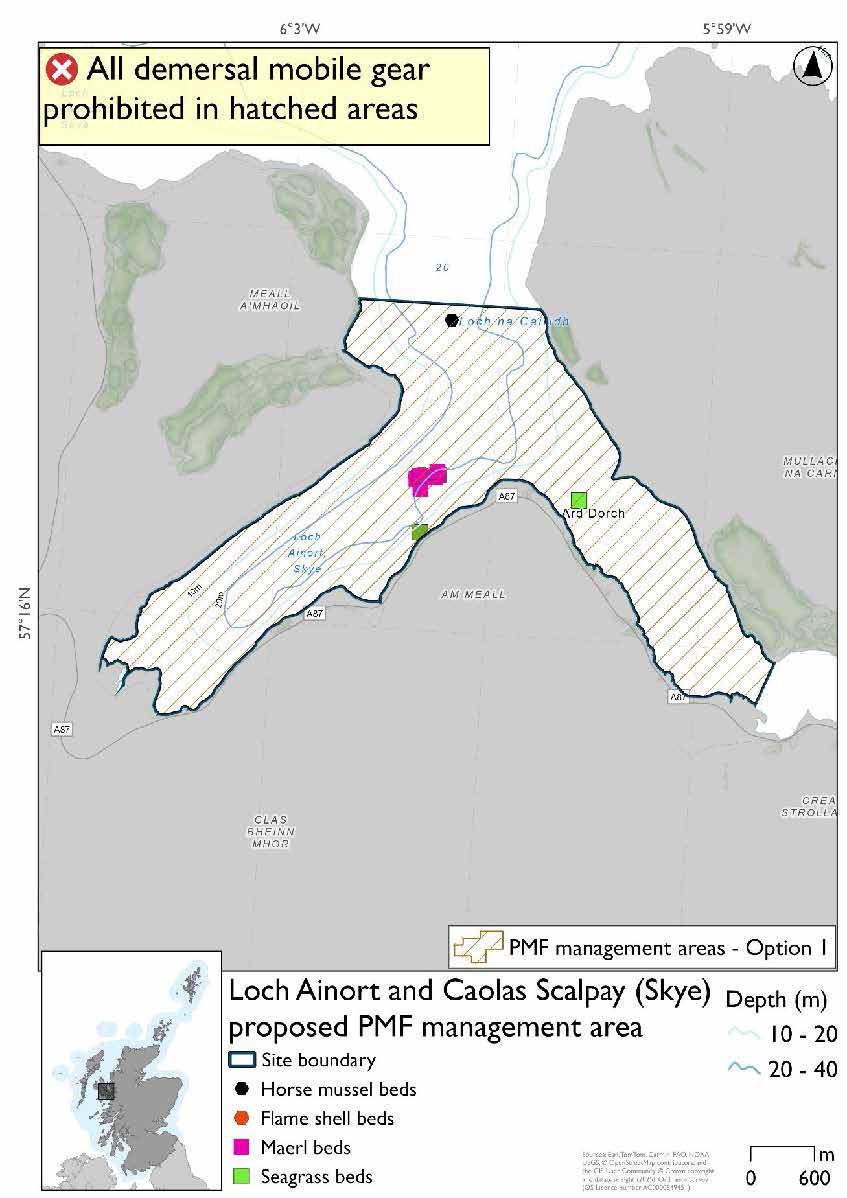 Map shows the area for measures covering  Loch Ainort and the surrounding coast across to Scalpay, as far as the headland east of Sconser in the north and Irishman's point north of Corry in the south.

There is a single horse mussel record north of the mouth of loch Ainort, a cluster of maerl and flame shell records at the mouth of the loch and two seagrass records south and south east of this cluster. 