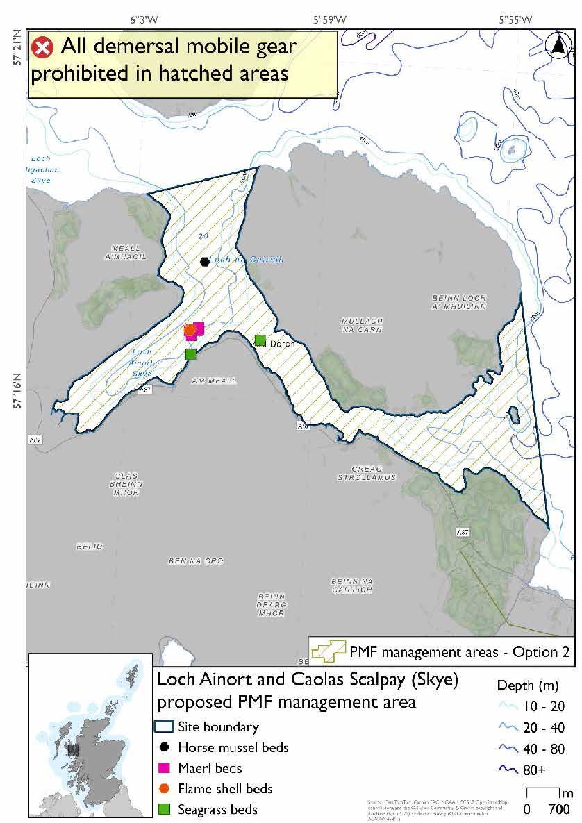 Map shows the area for measures covering two split areas. One surrounding the island of Godag north of Muck with four northern sea fan and sponge communities records

The second area is extends out from the South east coast of Muck and includes four northern sea fan and sponge communities records.