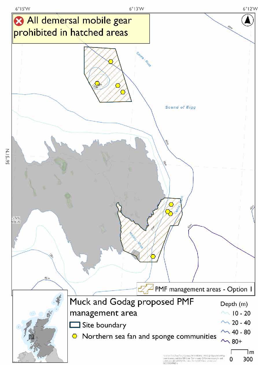 Map shows the area for measures covering two split areas. One surrounding the island of Godag north of Muck with four northern sea fan and sponge communities records

The second area is extends out from the South east coast of Muck and includes four northern sea fan and sponge communities records.