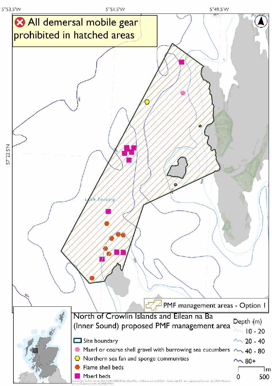 Map shows the area for measures covering the waters surrounding and north of Eilean na Ba across to the mainland and southwards to Eilean Beag. The waters immediately to the northwest of both islands are included in this area. Maerl bed records are found in the north, middle and southern partof the area, a cluster of flame shell records are by the maerl in the south and a single northern sea fan and sponge communities and single maerl or coarse shell gravel with burrowing sea cucumbers record are found in the northern portion near the single maerl record.