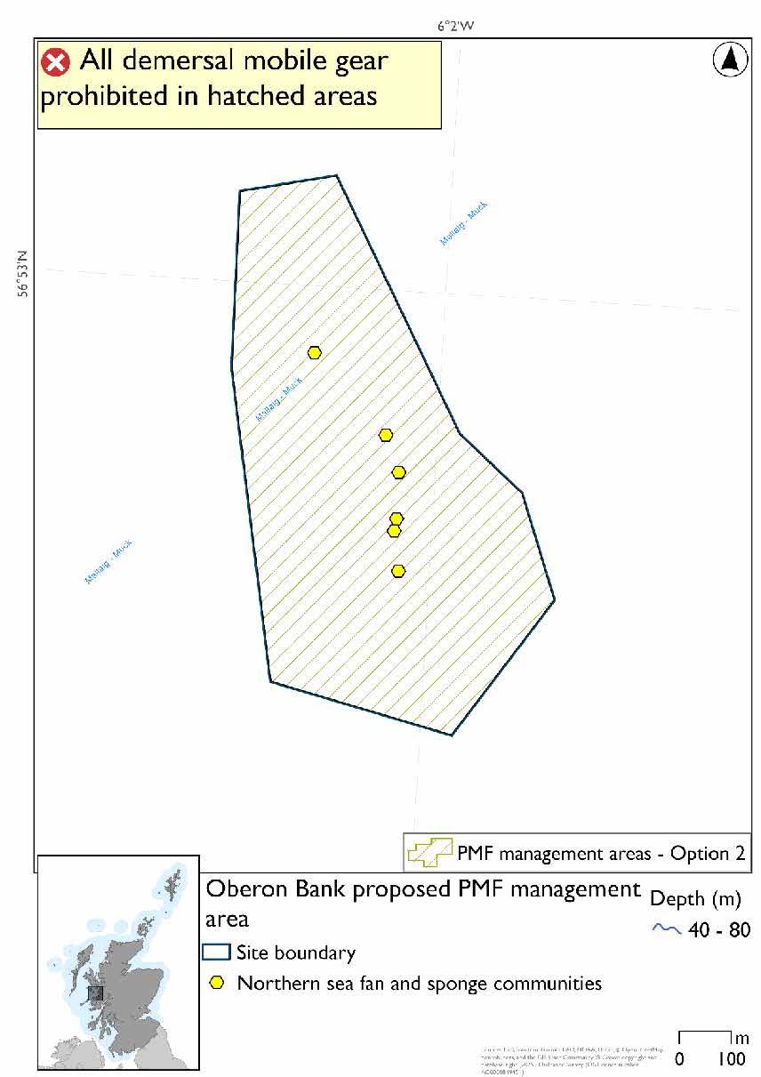 Map shows the area covering a larger part of the Oberon bank, a submerged sandbank near the Sound of Jura. 

There are 6 northern sea fan and sponge communities records present. 