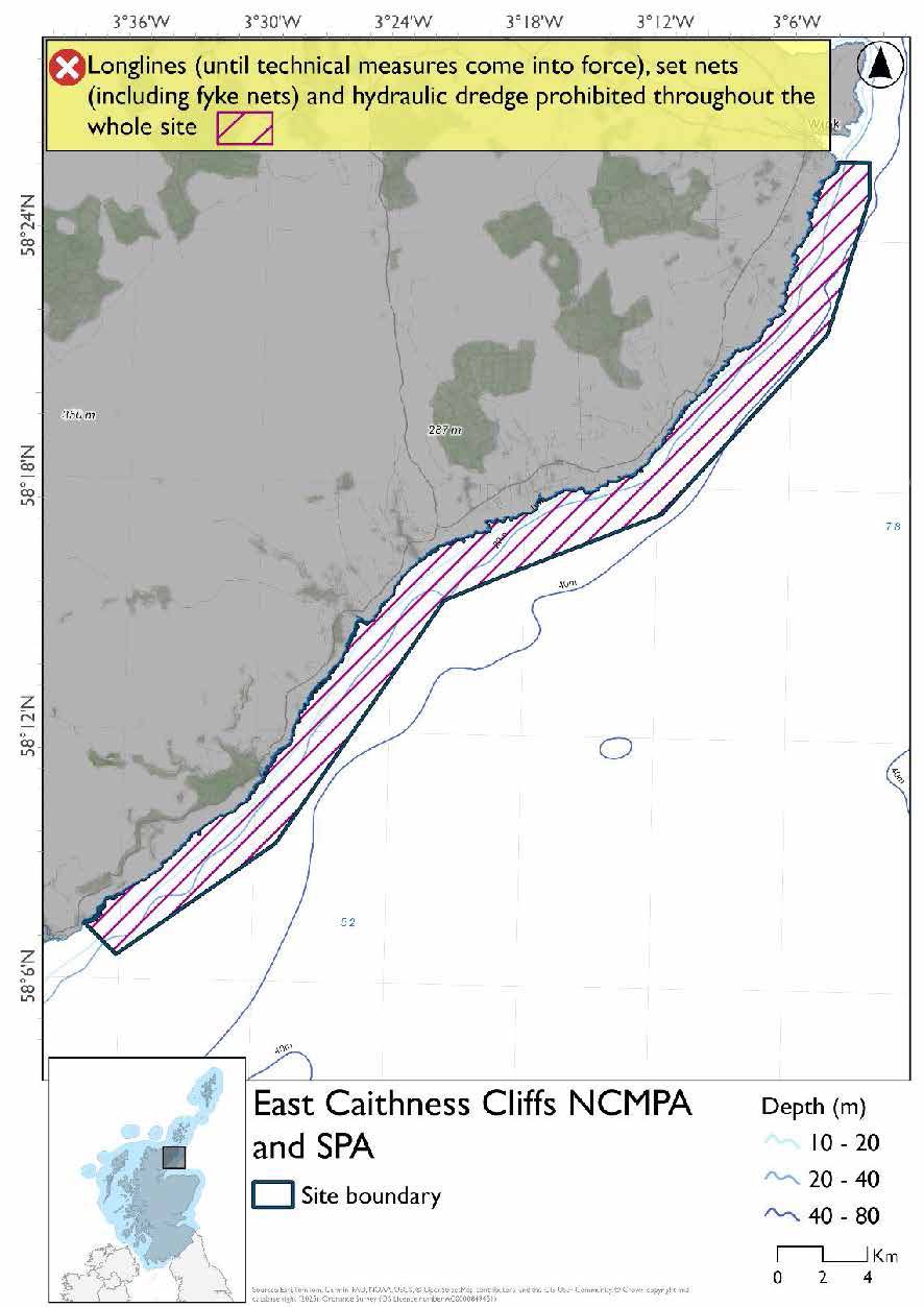 Single proposed option map shows East Caithness Cliffs SPA and NCMPA, a strip of water hugging the cliffs between Helmsdale and Wick. Longlines (until technical measures come into force), set nets (including fyke nets), and hydraulic dredges are prohibited throughout.