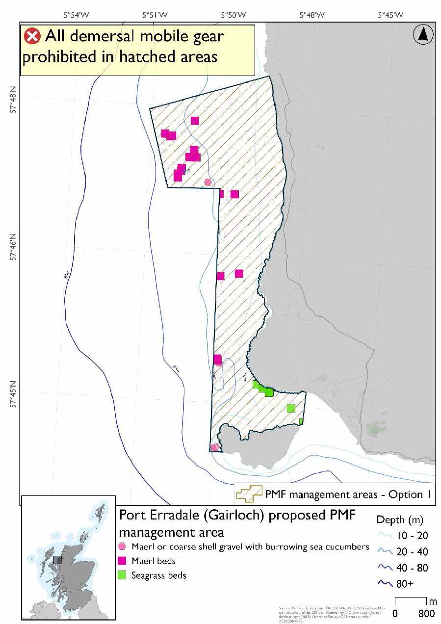 Map shows the area running down the coast from Melvaig to north coast of longa island and extending out in a narrow strip into the sea  with a larger square area at the north end. 

There a large number of maerl records in the northern section by Melvaig, others dotted down the coast. A cluster of seagrass records between longa and the mainland, a single maerl or coarse shell gravel with burrowing sea cucumber records slightly north-east of the segrass records and a cluster of the west coast of Longa.
