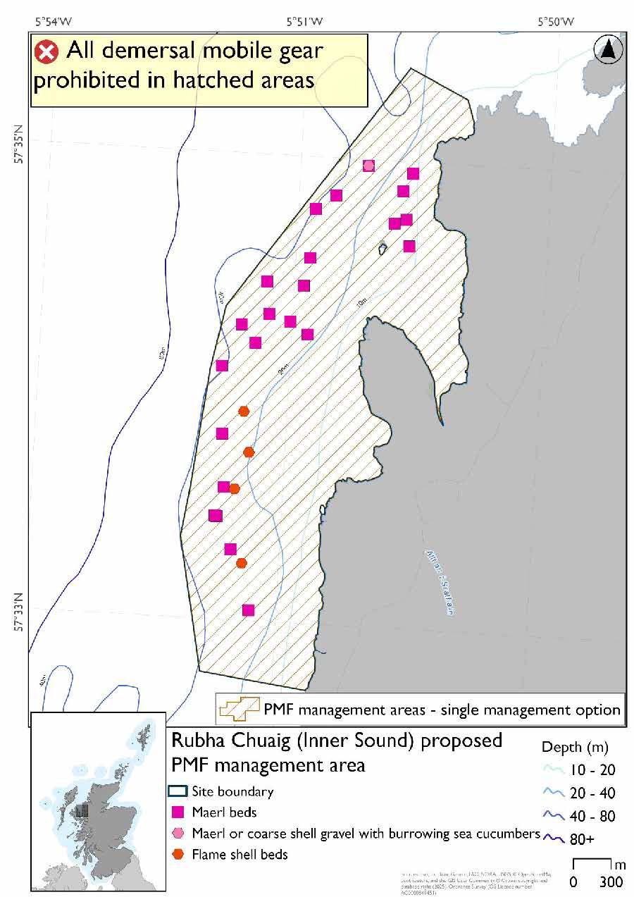 Map shows the area to be protected extending from the West coast of the Applecross peninsula by Cuaig extending about 40m from the coast. 

There are a large number of maerl records spread thorughout the area from north to south with 4 flame shell records in the southern half and a maerl or coarse shell gravel with burrowing sea cucumber record in the northern section.