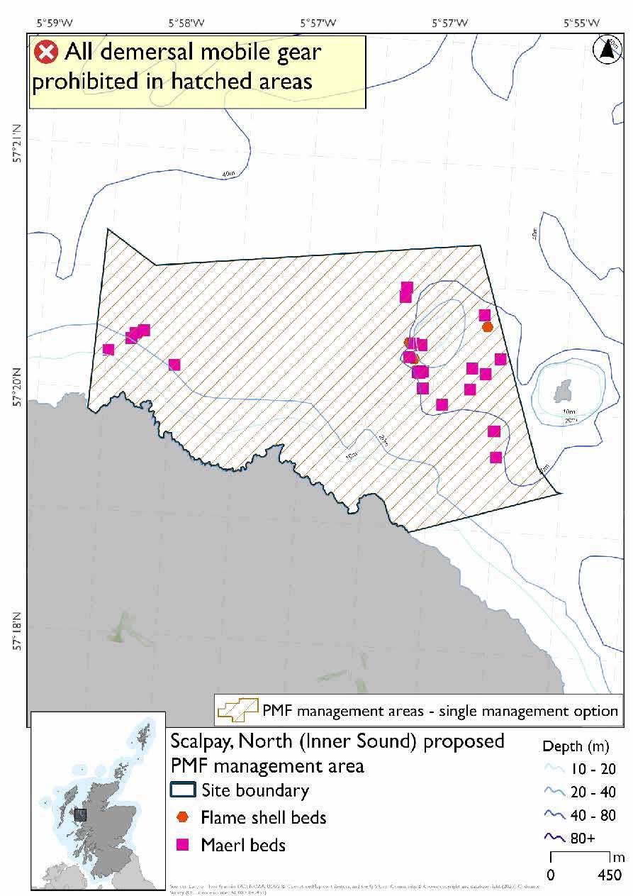 Map shows the area to be protected extending from the North coast of Scalpay  in the Inner Sound. The are joins onto the Red Rocks and Longay MPA on its eastern boundary.  

There is a large cluster of maerl records on the eastern side and a smaller cluster on the opposite side of the proposed area.  There are 3 flame shell records by the eastern boundary by the Red Rocks and Longay MPA.