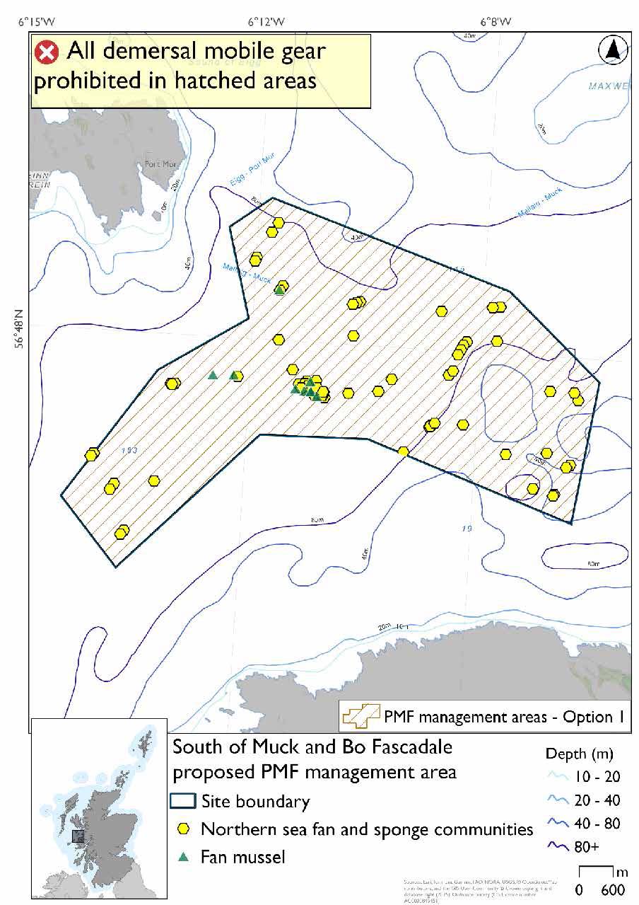 Map shows the area in the open sea south east of Muck and  north of Fascadale on the West Coast of the mainland. 

There are a large number of northern sea fan and sponge communities records spread throughout the area and a cluster of fan mussels in the centre with 3 other records closer to the boundary nearest Muck.