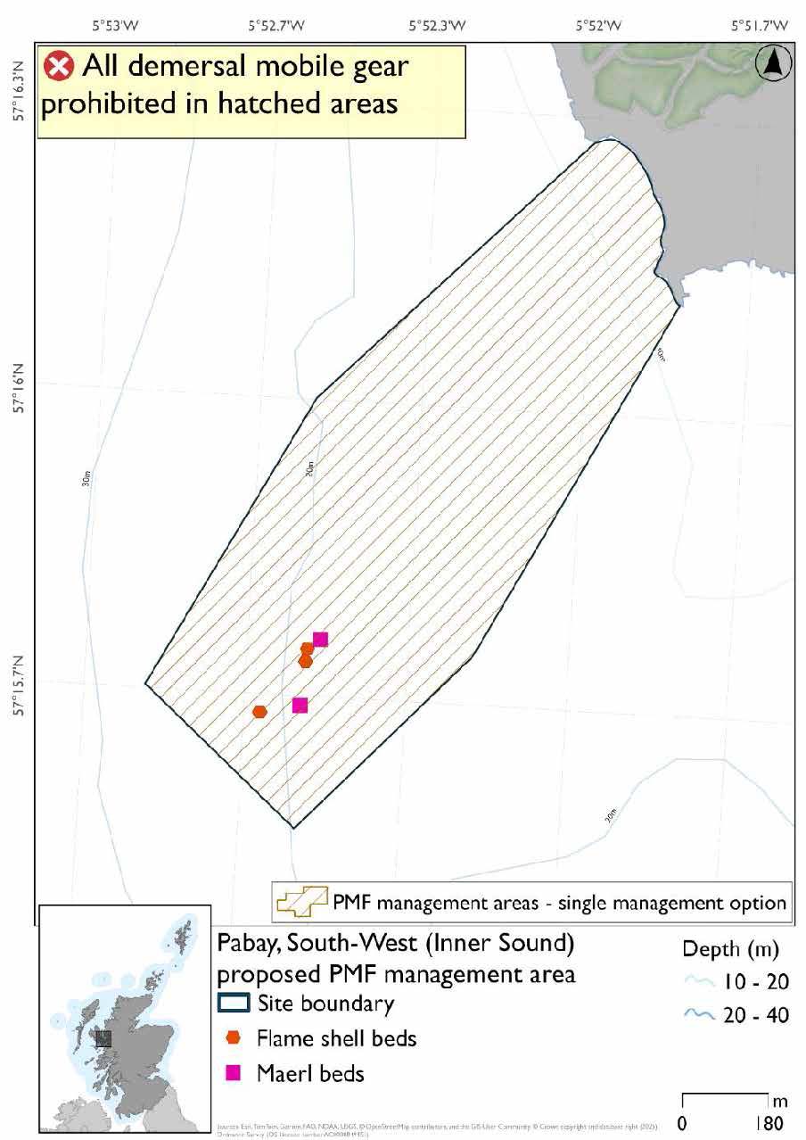 Map shows the area to be protected extending from the South West coast of Pabay  in the Inner Sound. There are 3 flame shell records and 2 maerl records at the Southern section of the proposed area about 40m from the coast.