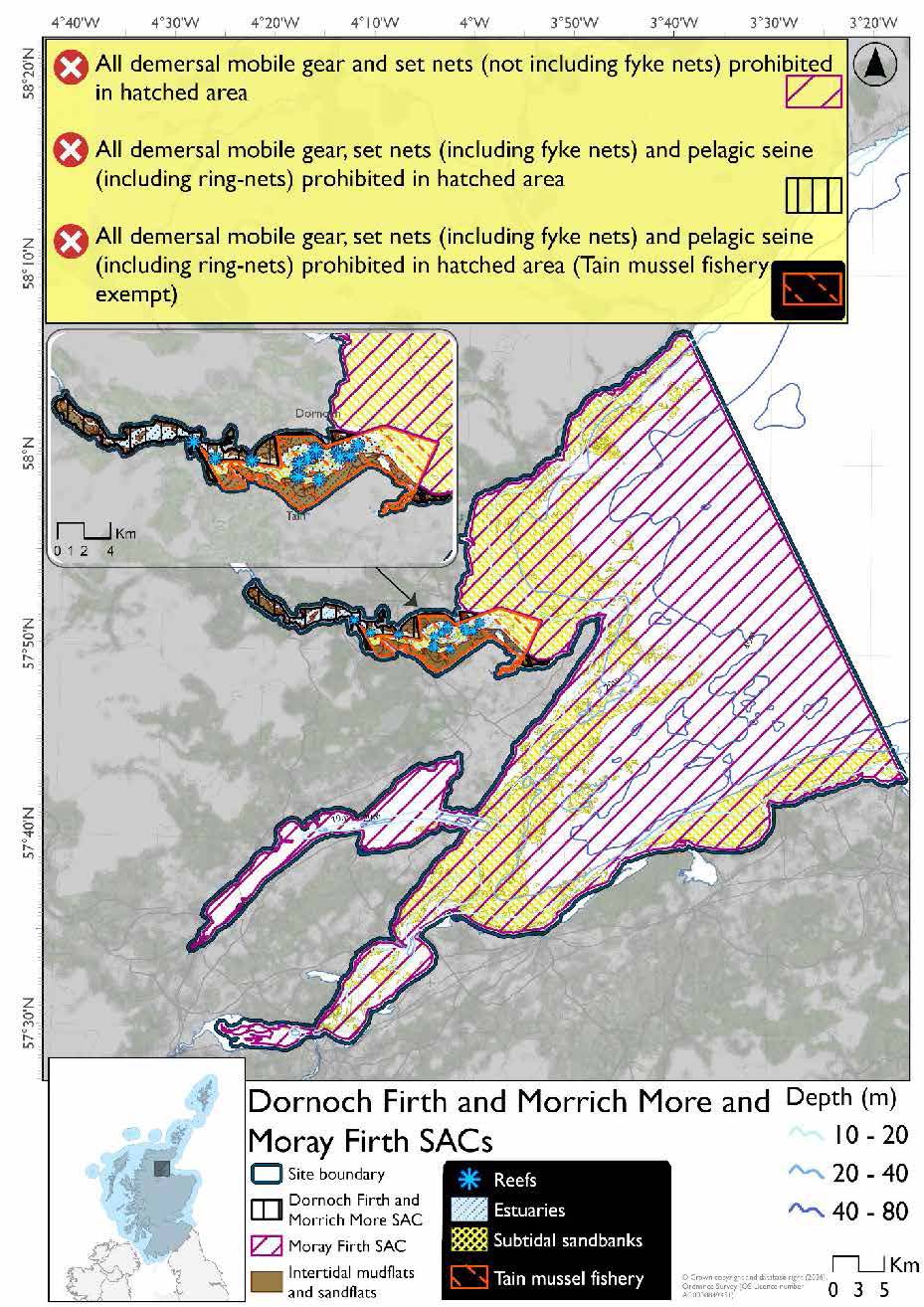 Option 2 map of Dornoch Firth and Morrich More and Moray Firth Special Areas of Conservation (SACs) The area contains estuaries around Tain in the Dornoch Firth, with intertidal mudflats and sandflats along the edges of this firth, with reef in the centre of the firth. Subtidal sandbanks cover most of the remaining coastal areas, particularly in the Moray Firth itself. The remainder of the Dornich Firth and Morrick More SAC (which ends where the firth opens)  prohibits all demersal mobile gear, set nets (including fyke nets) and pelagic seine (including ring nets). 