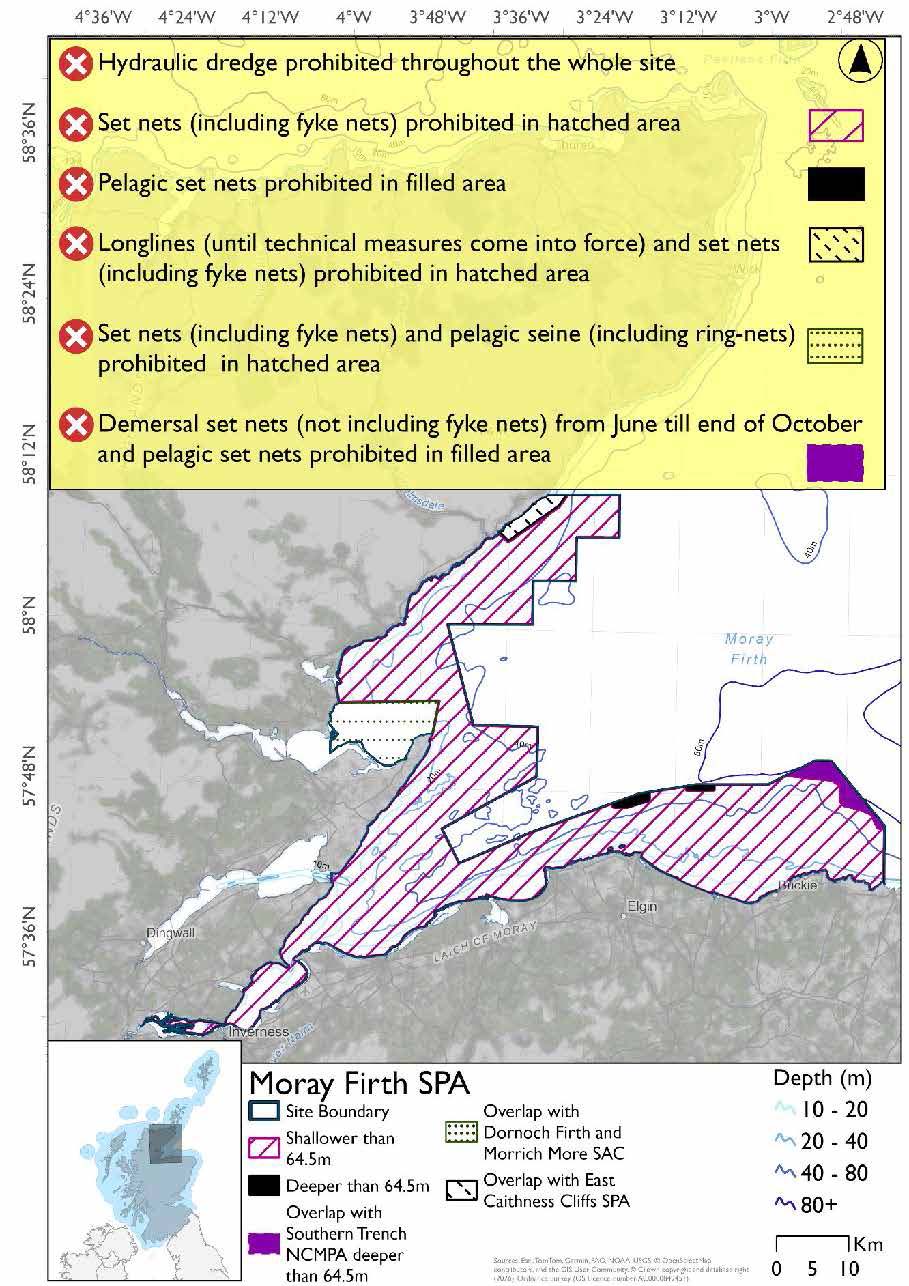 Map shows Moray Firth SPA, a site extending seaward from the Helmsdale coast in the north to Portsoy in the east. It includes the outer Dornoch and Cromarty Firths, Beauly and Inverness Firths, as well as part of the wider Moray Firth. Almost all of the site is shallower than 64.5m, with only small areas in the southeast (north of Elgin and Buckie) being deeper. In the shallower majority of the site set nets (including fyke nets) are prohibited. 