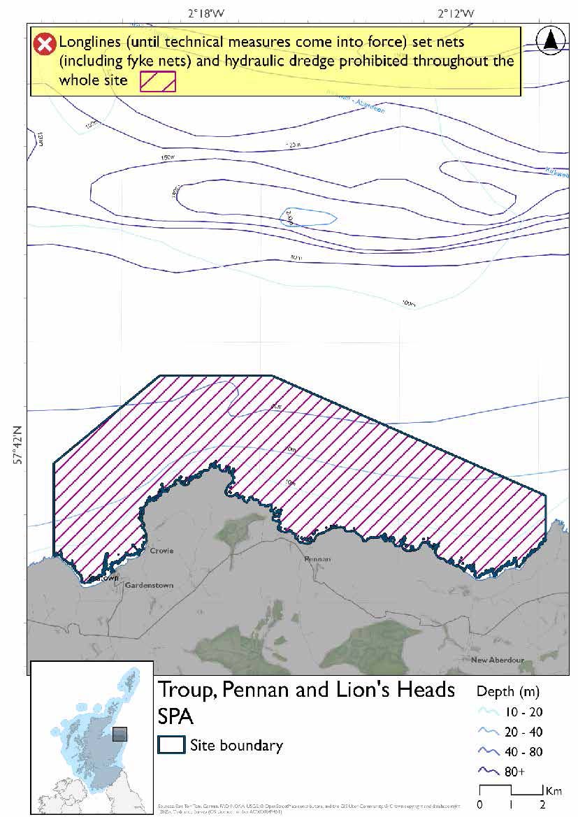 Map shows Troup, Pennan and Lion's Heads SPA- which covers an area of coast running from the peninsula southwest of Rosehearty to the peninsula west of Gardenstown. Set nets (including fyke nets), longlines (until technical measures come into force) and hydraulic dredges are prohibited throughout the site.