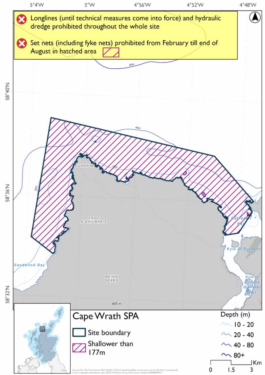 Map shows Cape Wrath SPA,  which covers the Cape Wrath headland and Clo Mor cliffs as well as the nearby coastline and stacks. Throughout the SPA set nets (including fyke nets) are prohibited from February to the end of August, with year round prohibition for longlines (until technical measures come into force) and hydraulic dredges.