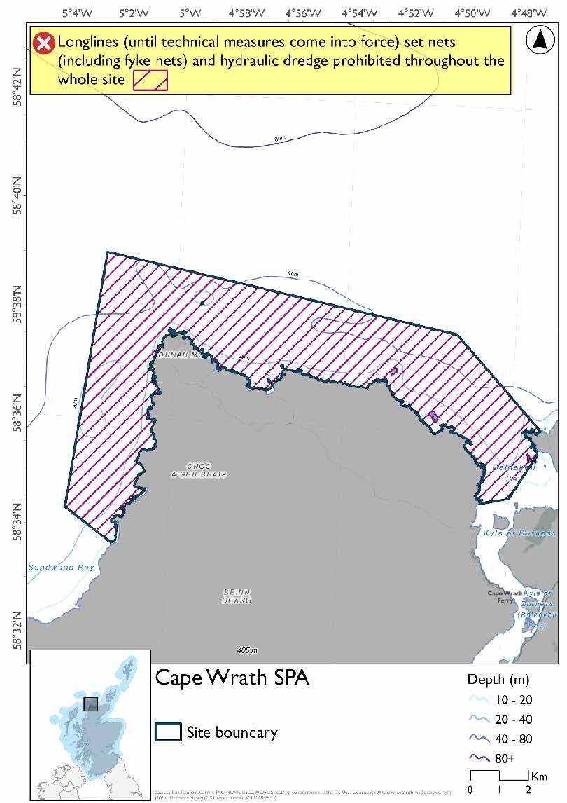 Map shows Cape Wrath SPA,  which covers the Cape Wrath headland and Clo Mor cliffs as well as the nearby coastline and stacks. Throughout the SPA set nets (including fyke nets), longlines (until technical measures come into force), and hydraulic dredges are prohibited.