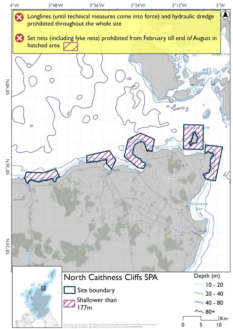 Map shows North Caithness Cliffs SPA, five separate areas on the far north-east coast of Scotland. These areas cover the seas around: Duncansby Head, Dunnet Head, Holburn Head, Stroma, and the seas between Sandside and Portskerra. All of these areas are shallower than 177m. Across these areas set nets (including fyke nets) are prohibited February to end of August. Across these areas longlines (until technical measures come into force) and hydraulic dredges are prohibited year-round.