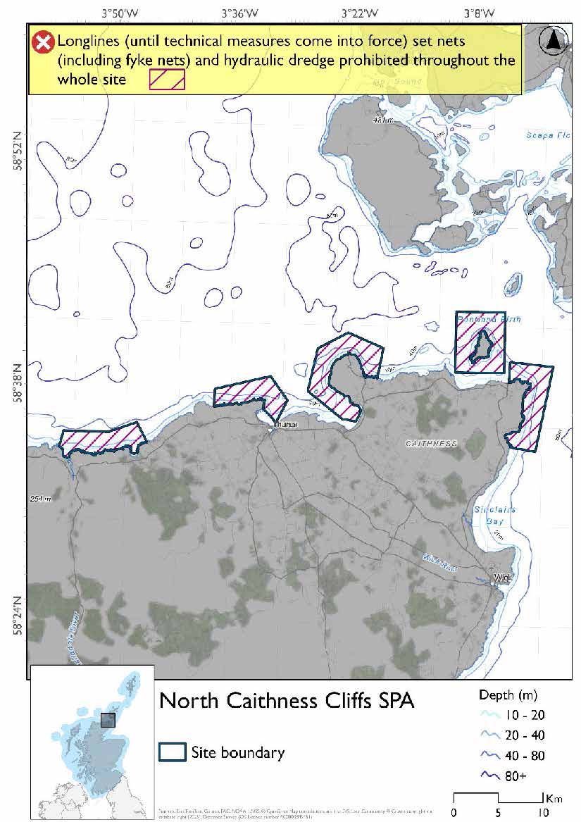 Map shows North Caithness Cliffs SPA, five separate areas on the far north-east coast of Scotland. These areas cover the seas around: Duncansby Head, Dunnet Head, Holburn Head, Stroma, and the seas between Sandside and Portskerra. All of these areas are shallower than 177m. Across these areas set nets (including fyke nets), longlines (until technical measures come into force), and hydraulic dredges are prohibited year-round.