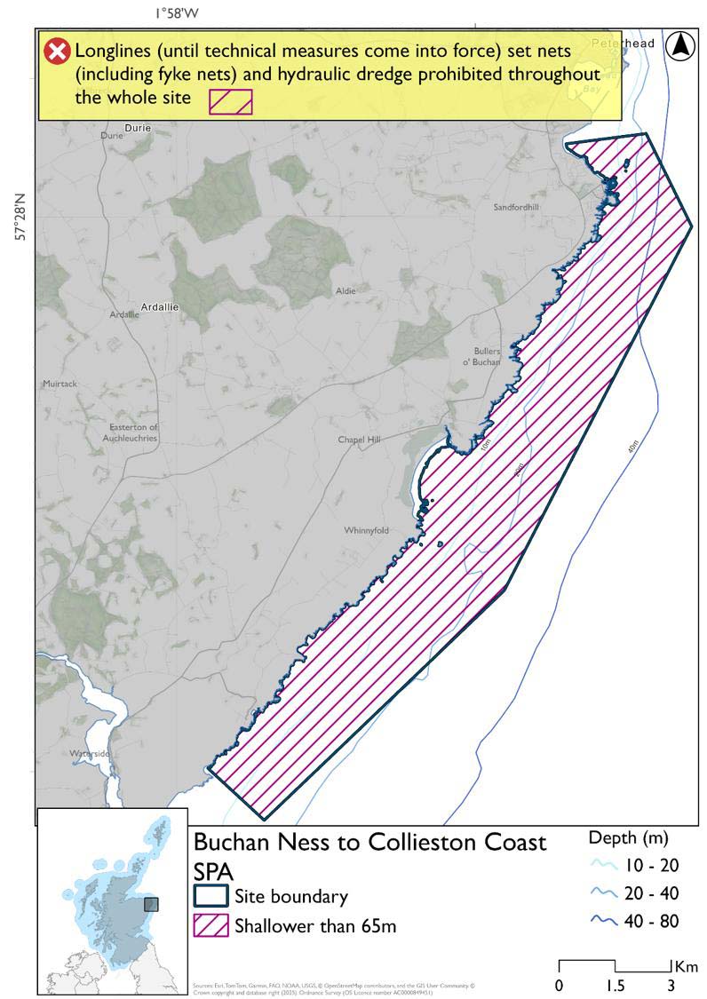 Map shows Buchan Ness to Collieston SPA, a long area just off the coast, between Buchan Ness and Collieston. The entire site is shallower than 65m, with the full area closed to hydraulic dredges, set nets (including fyke nets), and longlines (until technical measures come into force).