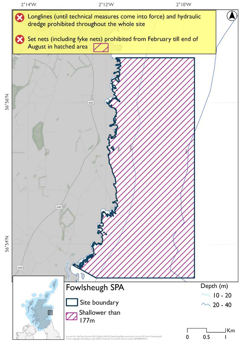 Map shows Fowlsheugh SPA, an area extending outwards from an area of coast south of Stonehaven, between Catterline and Old Hall Bay (south of Dunnottar Castle). Throughout the area set nets (including fyke nets) are prohibited February till end of August, while longlines (until technical measures come into force) and hydraulic dredges are prohibited year round.