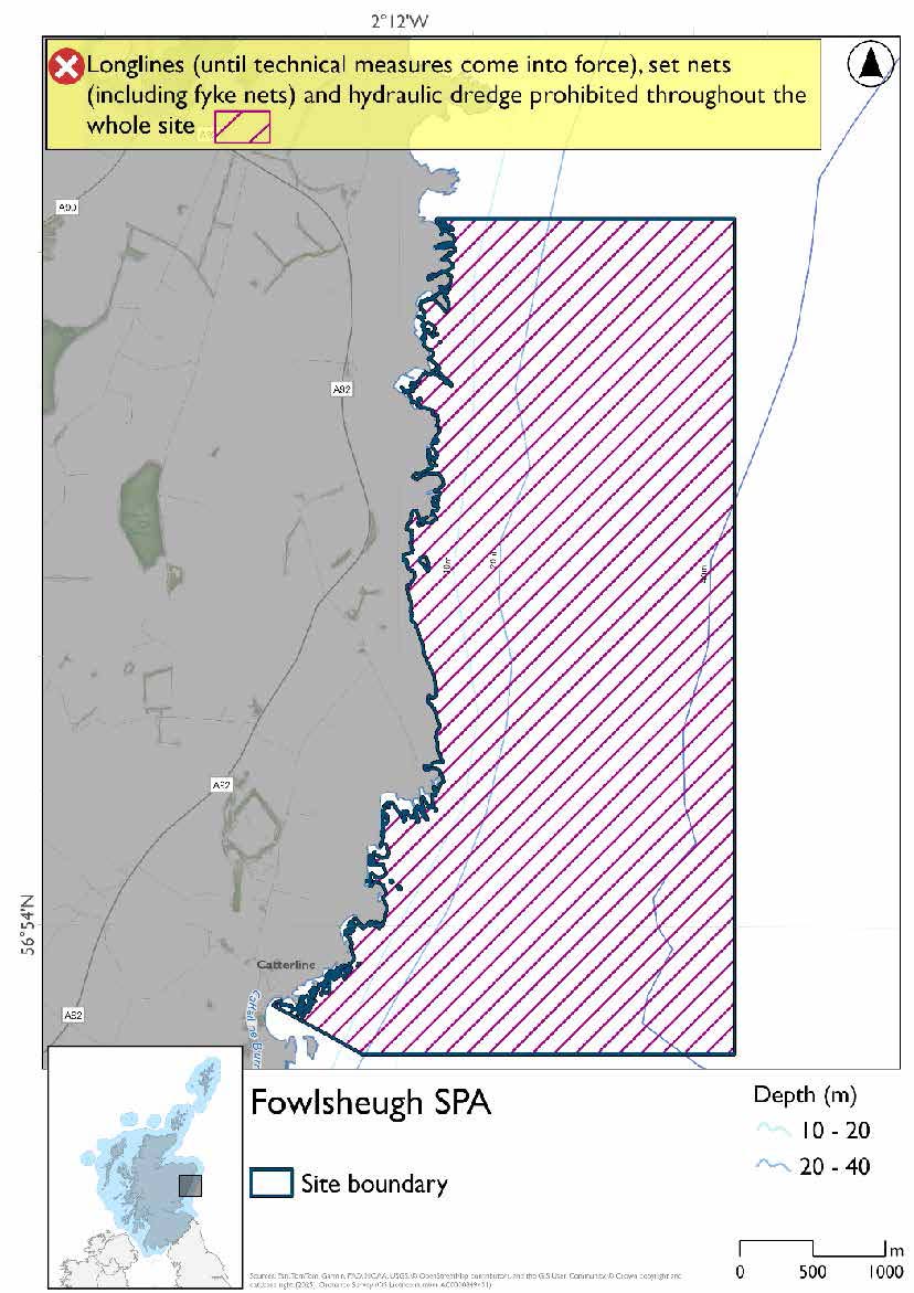 Map shows Fowlsheugh SPA, an area extending outwards from an area of coast south of Stonehaven, between Catterline and Old Hall Bay (south of Dunnottar Castle). Throughout the area set nets (including fyke nets). longlines (until technical measures come into force), and hydraulic dredges are prohibited year round.