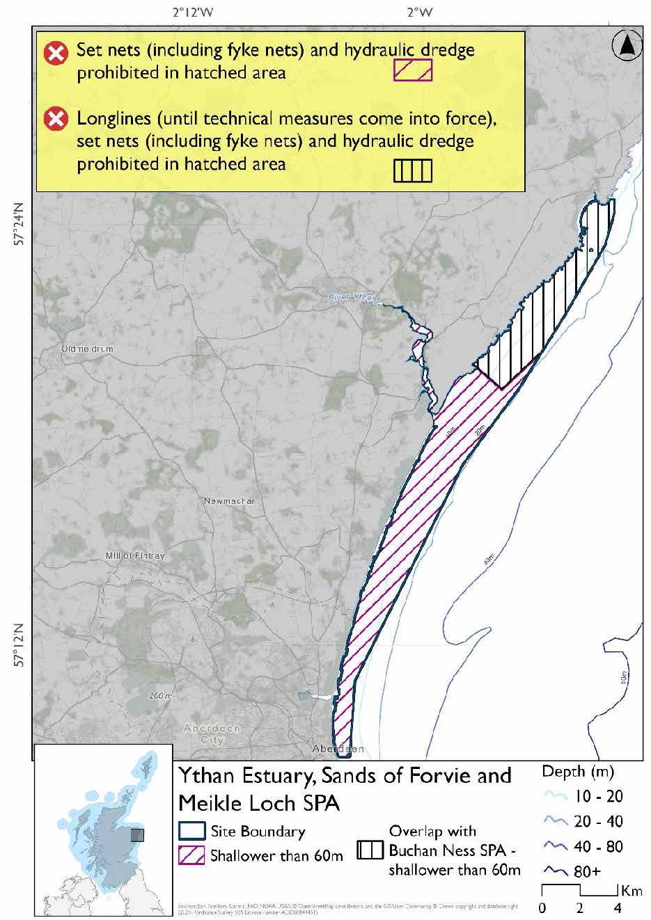 Map shows Ythan Estuary, Sands of Forvie and Meikle Loch SPA, an area extending northwards from Aberdeen as far as Cruden Bay and including the Ythan Estuary. Throughout the site set nets (including fyke nets) and hydraulic dredges are prohibited. In the norther part of the site there is an overlap with Buchan Ness to Collieston Coast SPA where longlines (until technical measures come into force) are prohibited.