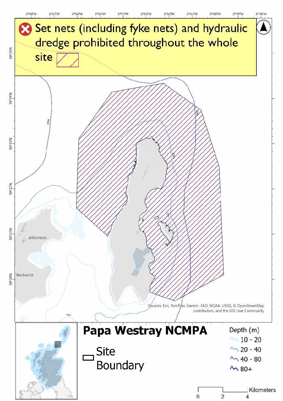 Single management option map shows the Papa Westray Nature Conservation Marine Protected Area (NCMPA) in Orkney. Depth shading indicates zones from 0–20 m, 20–40 m, 40–80 m, and greater than 80 m. Hatched area  represents fisheries management measures covering the whole site for set nets(including fyke nets and hydraulic dredge. A legend explains site boundary and an inset map shows the site’s location within Scotland.