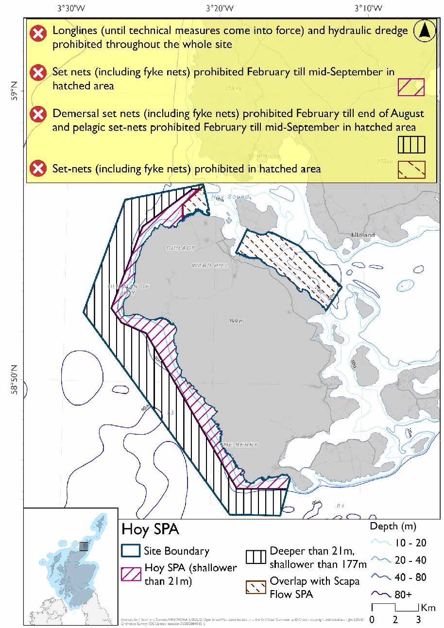 Map shows Hoy SPA, which covers the southern and western coast of the island of Hoy as well as an area on the northeastern coast. The waters of the northeastern area and immediately adjacent to the coast in the southern and western area are shallower than 21m. In these regions set nets (including fyke nets) are prohibited February to mid-September. Further from the coast in the southern and western area the waters are deeper than 21m but shallower than 177m, in this region demersal set nets (including fyke nets) are prohibited February to end of August and pelagic set nets prohibited February to mid-September. In areas overlapping with the Scapa Flow SPA, set nets (including fyke nets) are prohibited all year. Hydraulic dredges are prohibited year round.