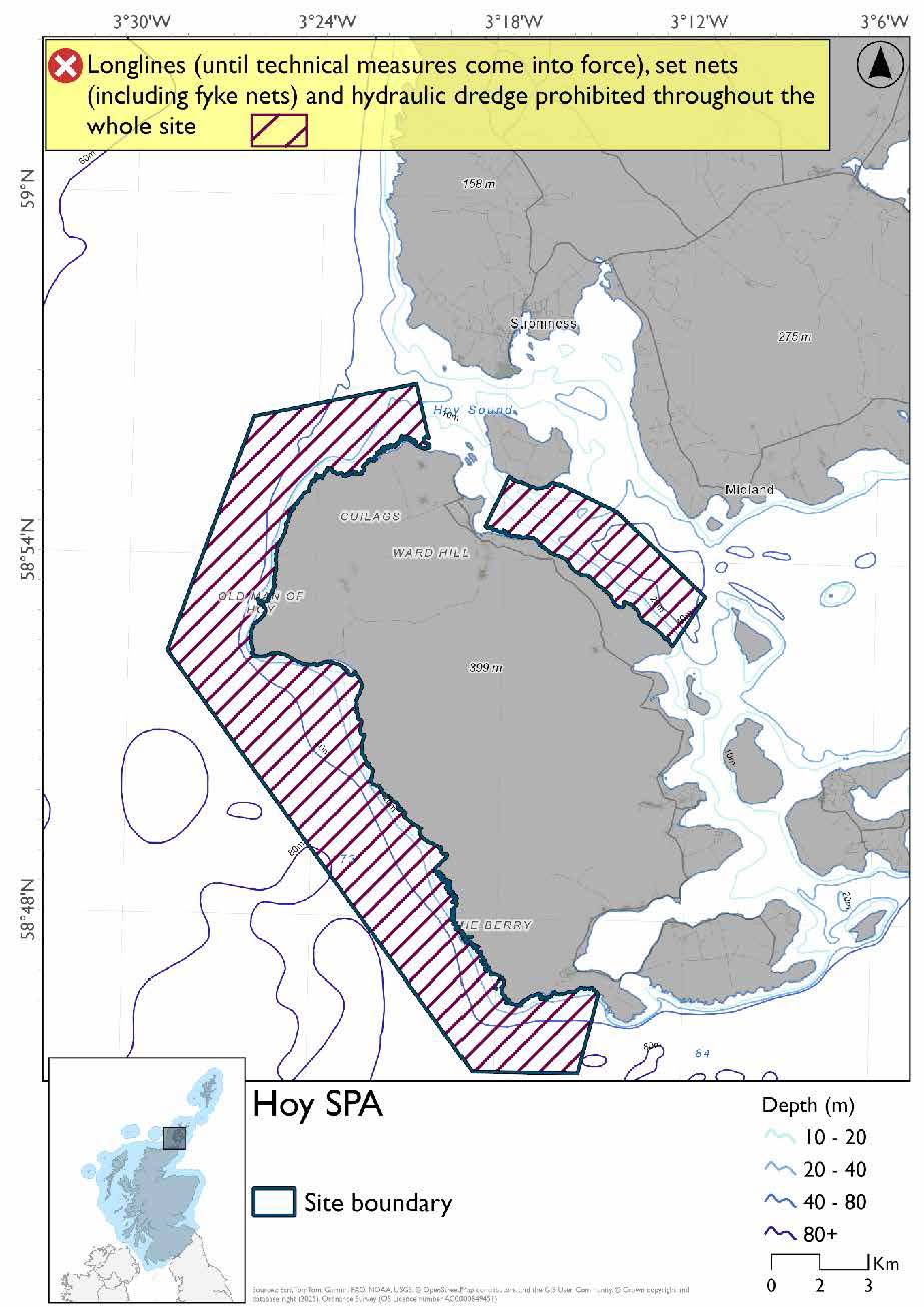 Map shows Hoy SPA, which covers the southern and western coast of the island of Hoy as well as an area on the northeastern coast. Throughout the area set nets (including fyke nets), longlines (until technical measures come into force), and hydraulic dredges are prohibited year round.