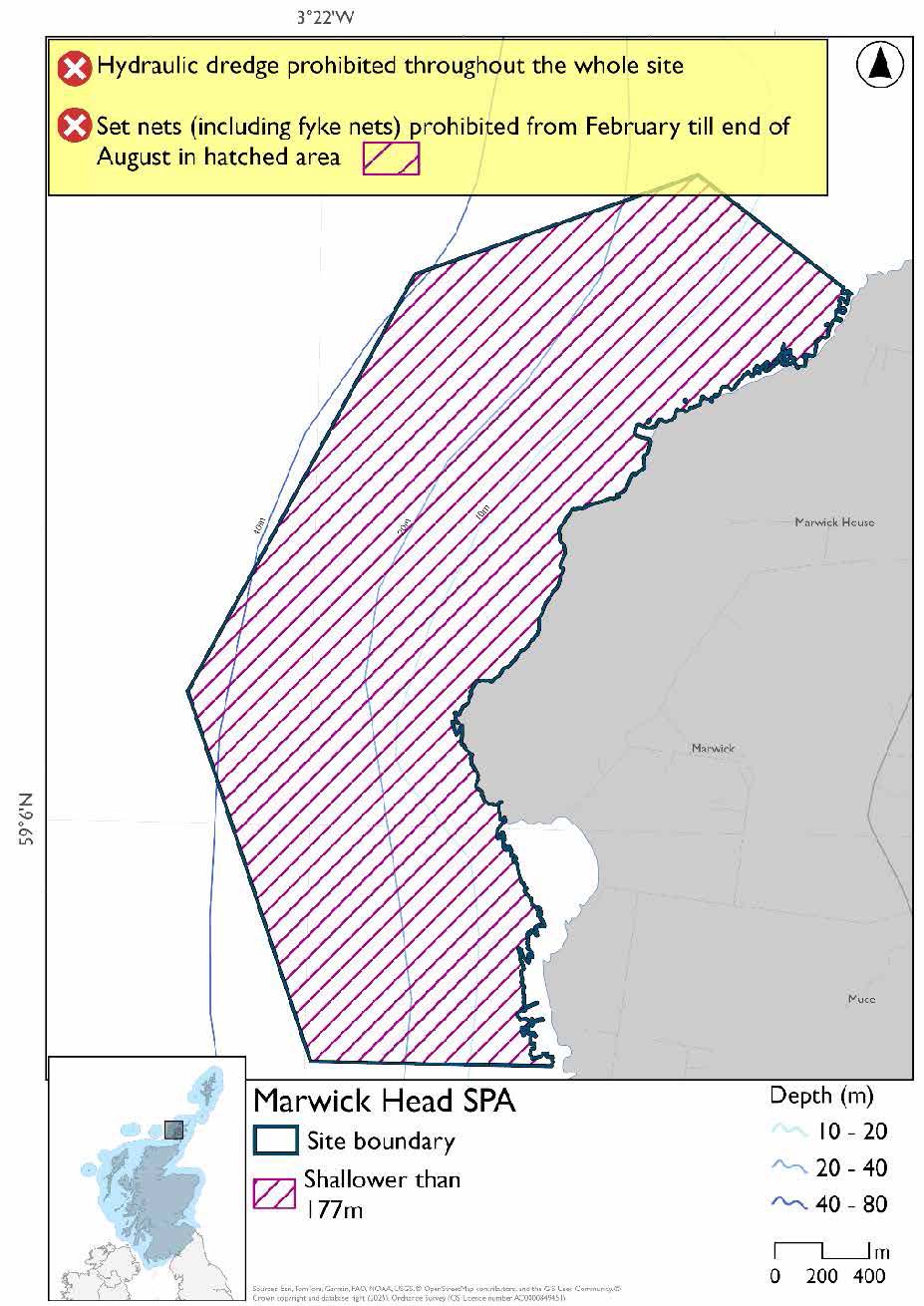 Map shows Marwick Head SPA, a 2 km stretch of sea cliffs, and adjacent coastal waters encompassing Marwick Head on the Orkney Mainland. Throughout the site set nets (including fyke nets) are prohibited February to end of August, while hydraulic dredges are prohibited throughout the site year round.