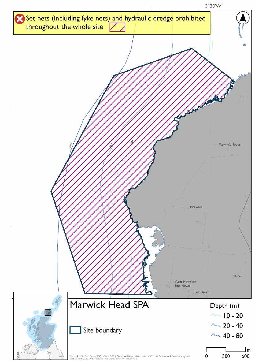 Map shows Marwick Head SPA, a 2 km stretch of sea cliffs, and adjacent coastal waters encompassing Marwick Head on the Orkney Mainland. Set nets (including fyke nets), and hydraulic dredges are prohibited throughout the site year round.