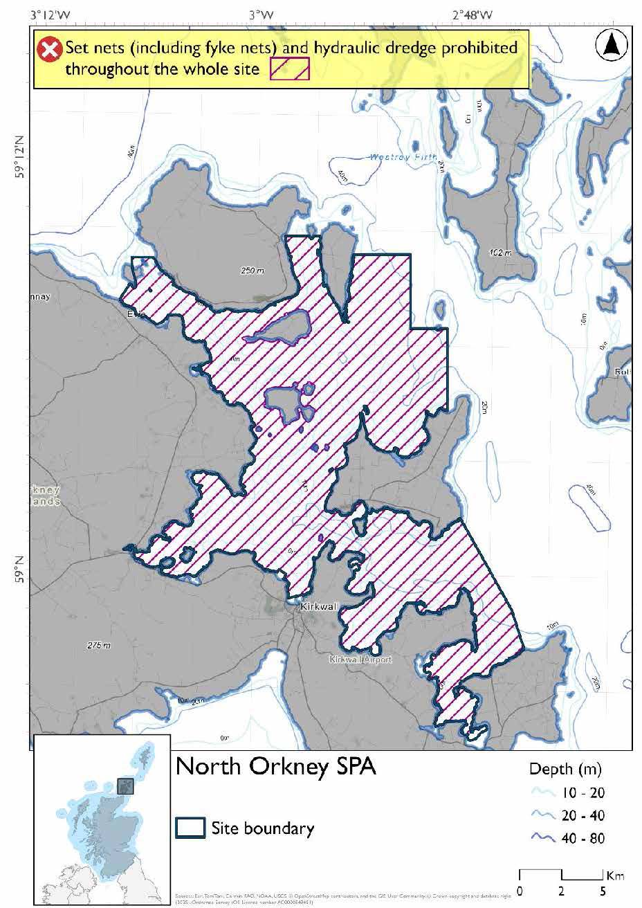 Map shows North Orkney SPA, which covers the seas northeast of the Orkney mainland, including the waters to the north, west, and south of Shapinsay, and as far as the south of Rousay and Egilsay. Set nets (including fyke nets) and hydraulic dredges are prohibited throughout the site.