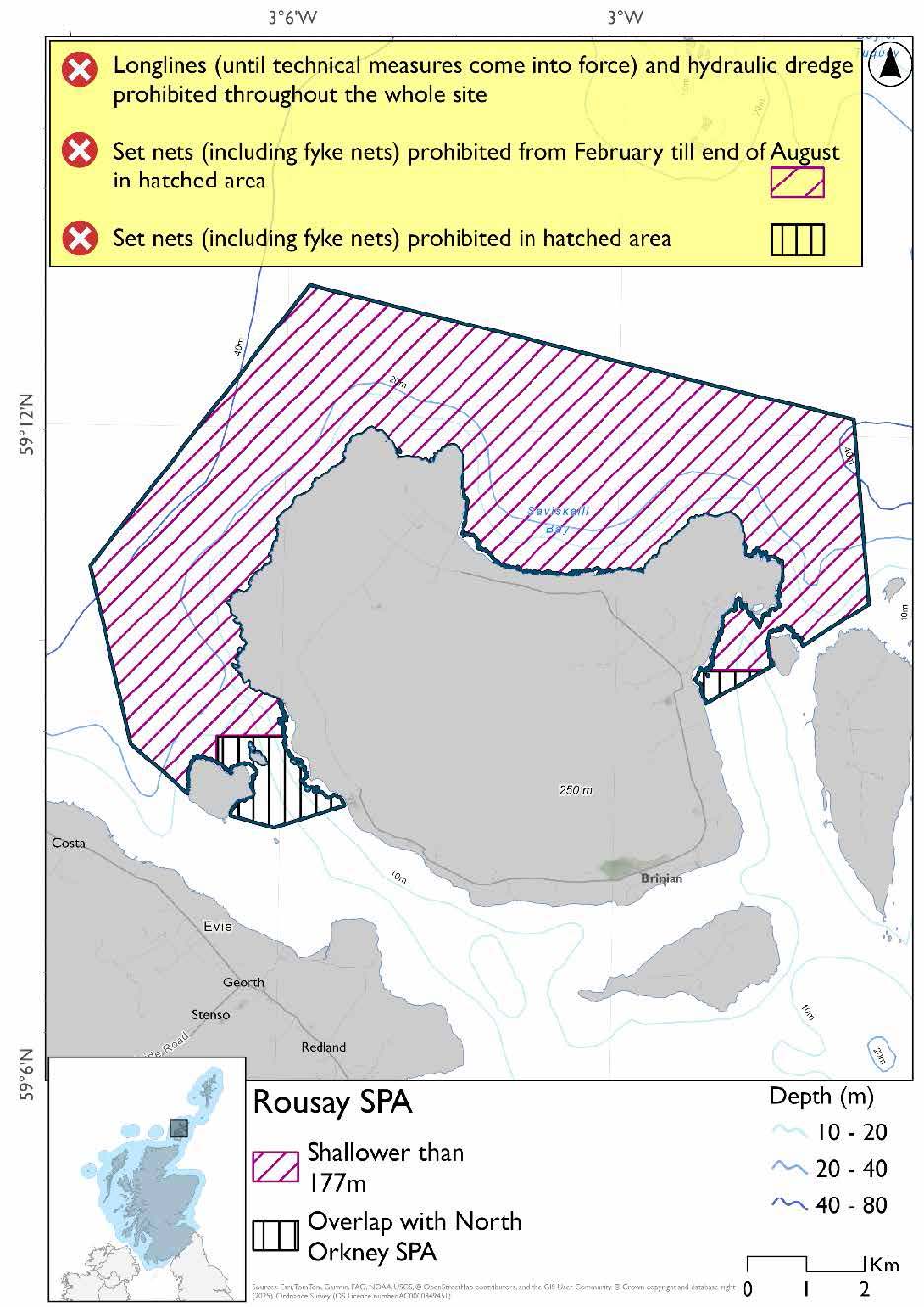 Map shows Rousay SPA, which covers the waters around the Northern and Western coasts of Rousay, from just beyond Eynhallow to just beyond the Holm of Stockness (taking in some of both of these islands' coasts). The entire area is shallower than 177m. Set nets (including fyke nets) are prohibited throughout February to end of August. Longlines (until technical measures come into force) and hydraulic dredges are prohibited year round. Set nets (including fyke nets) prohibited in areas that overlap with the North Orkney SPA.