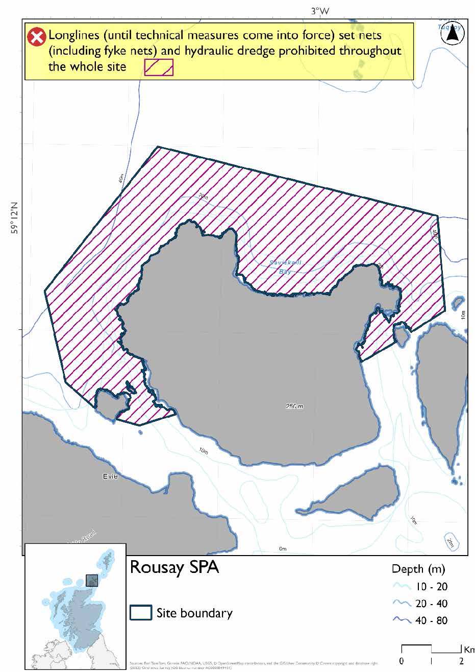 Map shows Rousay SPA, which covers the waters around the Northern and Western coasts of Rousay, from just beyond Eynhallow to just beyond the Holm of Stockness (taking in some of both of these islands' coasts). Set nets (including fyke nets), longlines (until technical measures come into force) and hydraulic dredges are prohibited throughout the site.
