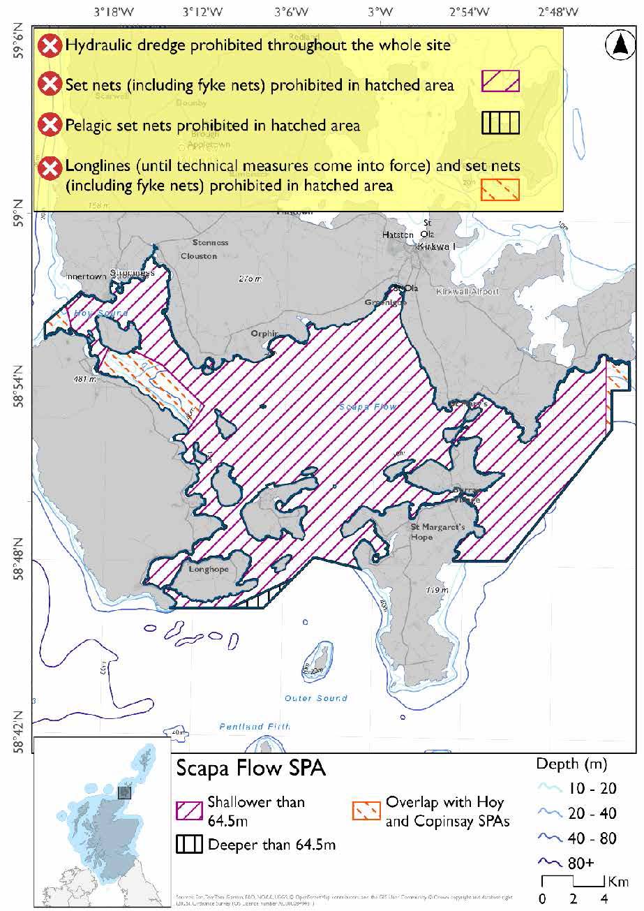 Map shows Scapa Flow SPA, an area covering Scapa flow and the surrounds as far as Innertown in the west, Aith Hope and herston head in the south, and The Grud and The Geo in the east. Most of the site is shallower than 64.5m where set nets (including fyke nets are prohibited. In a small area to the south of the site deeper than 64.5m pelagic set nets are prohibited. Hydraulic dredges prohibited year round. Longlines (until technical measures come into force) prohibited in overlapping areas with Hoy and Copinsay SPAs. 