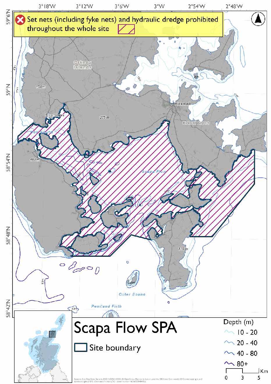 Map shows Scapa Flow SPA, an area covering Scapa flow and the surrounds as far as Innertown in the west, Aith Hope and herston head in the south, and The Grud and The Geo in the east. Most of the site is shallower than 64.5m where set nets (including fyke nets are prohibited. In a small area to the south of the site deeper than 64.5m pelagic set nets are prohibited. Hydraulic dredges prohibited year round. Longlines (until technical measures come into force) prohibited in overlapping areas with Hoy and Copinsay SPAs.  