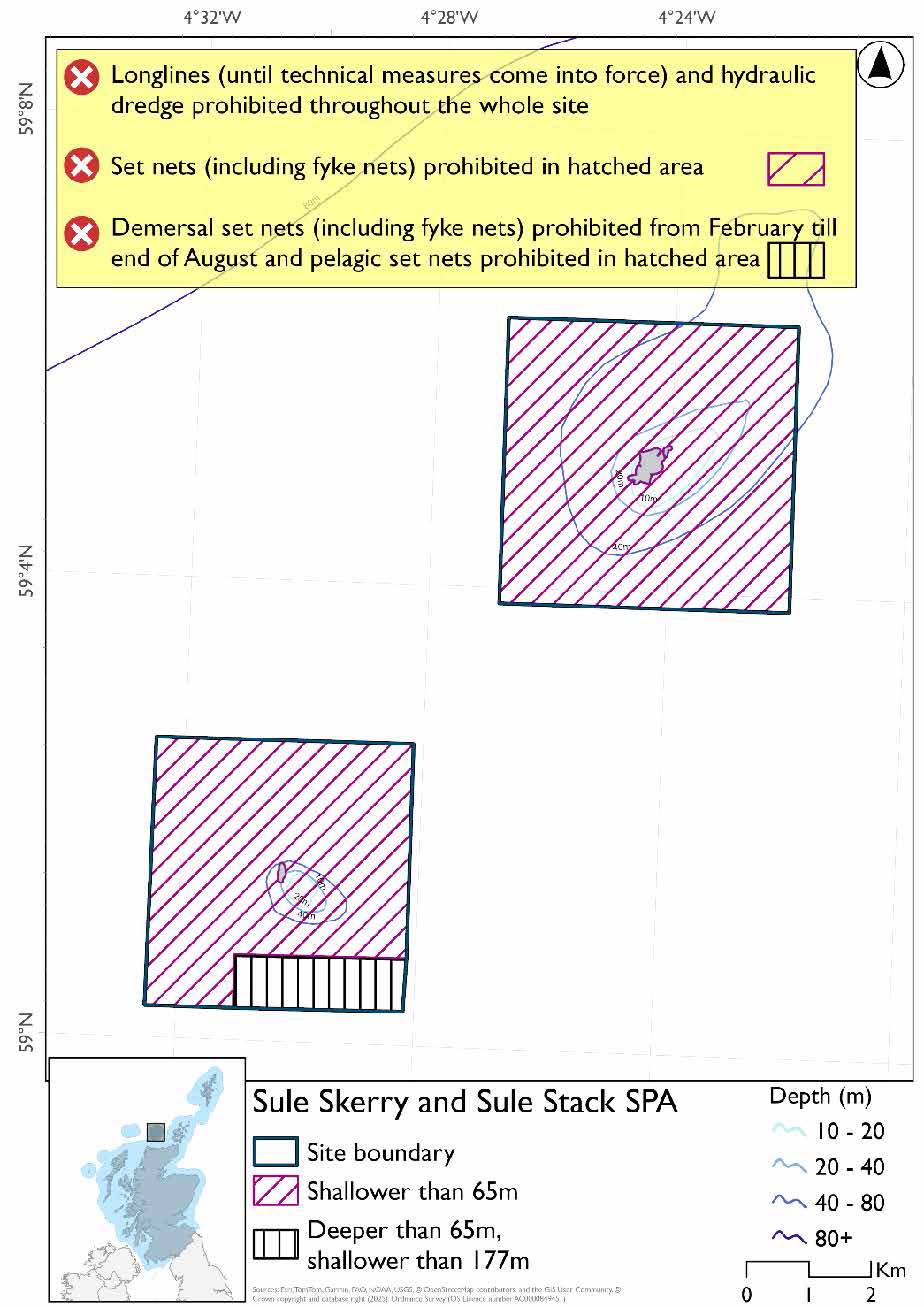 Map shows Sule Skerry and Sule Stack SPA, two distinct areas extending 2km from each of Sule Skerry and Sule Stack. All of the area surrounding Sule Skerry, and all but the southeastern most section of the area surrounding Sule Stack are shallower than 65m. In these shallower areas set nets (including fyke nets) are prohibited. In the deeper section (deeper than 65m and shallower than 177m) southwest of Sule Stack demersal set nets (including fyke nets) are prohibited February to end August and pelagic set nets prohibited year round. Longlines (until technical measures come into force) and hydraulic dredges are prohibited throughout the SPA.  