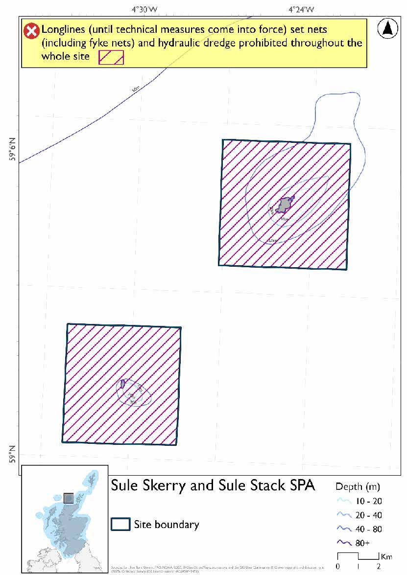 Map shows Sule Skerry and Sule Stack SPA, two distinct areas extending 2km from each of Sule Skerry and Sule Stack. Set nets (including fyke nets), longlines (until technical measures come into force) and hydraulic dredges are prohibited throughout the site. 