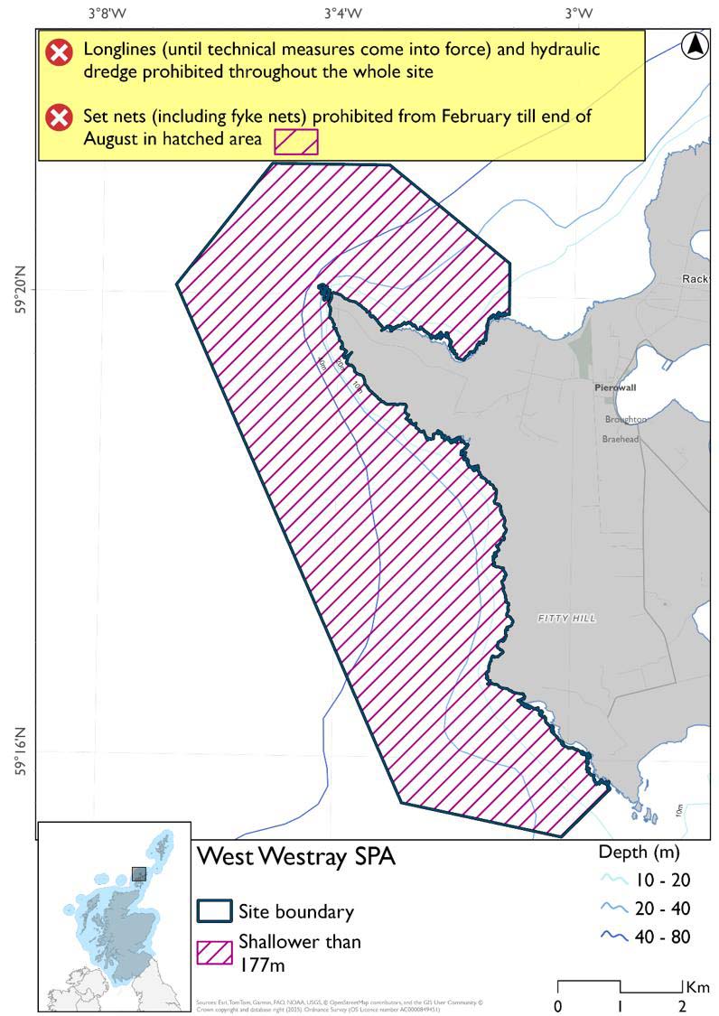 Map shows West Westray SPA, an area covering the west coast of Westray from the Knowe of Kirbist to just west of Grobost beach. The entire area is shallower than 177m. In this area set nets (including fyke nets) are prohibited February to end of August, with longlines (until technical measures come into force) and hydraulic dredges prohibited year-round.