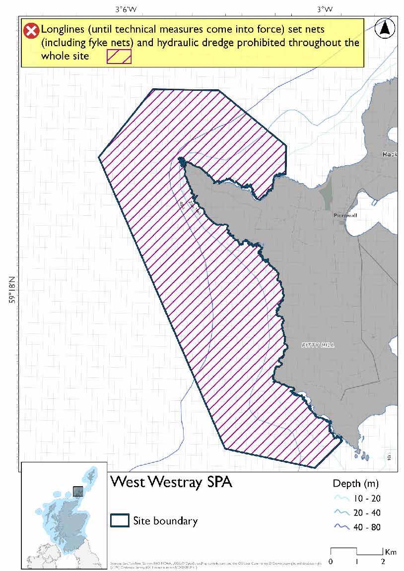 Map shows West Westray SPA, an area covering the west coast of Westray from the Knowe of Kirbist to just west of Grobost beach. Set nets (including fyke nets), longlines (until technical measures come into force) and hydraulic dredges are prohibited throughout the site.