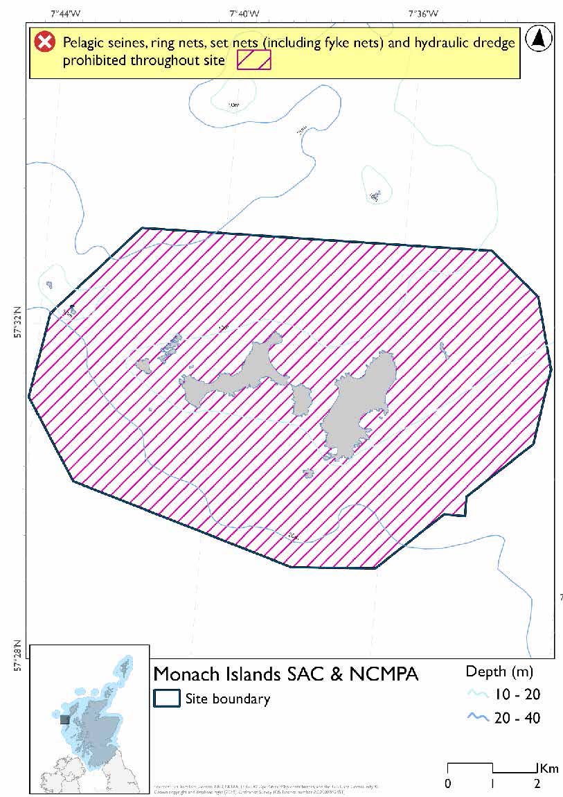 Single option map of Monach Islands Special Area of Conservation (SAC) and Monach Islands NCMPA in Scotland, showing conservation boundaries, depth contours from 10-20m and 20-40m and whole site hatching which shows prohibition of pelagic seine (including ring-nets), set nets (including fyke nets) and hydraulic dredge 