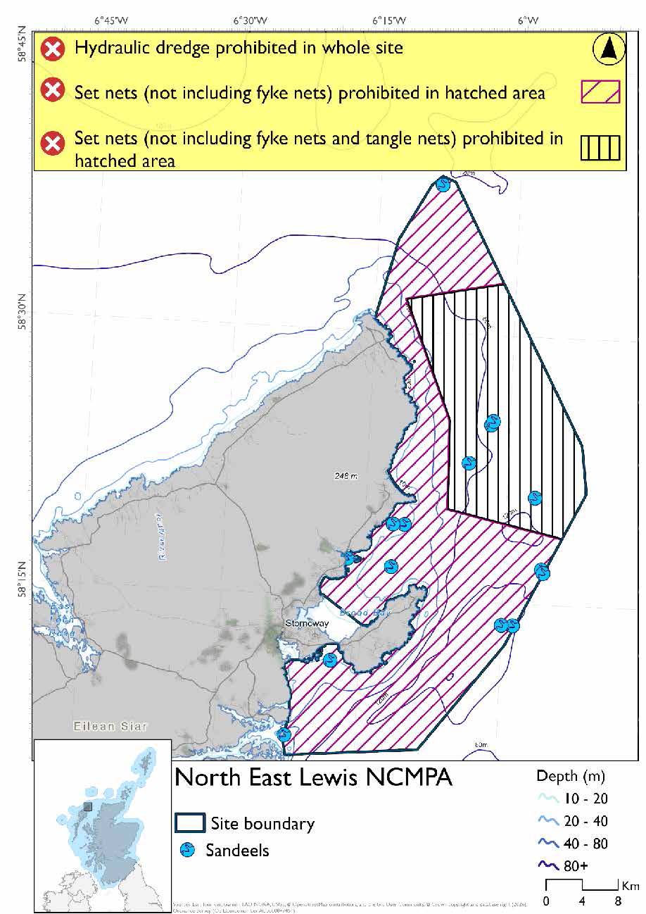 Option 1 map shows the North-East Lewis Nature Conservation Marine Protected Area (NCMPA) in Outer Hebrides . Depth shading indicates zones from 0–20 m, 20–40 m, 40–80 m, and greater than 80 m. Two hatched areas represent fisheries management measures. Larger area prohibiting set nets (not including fyke nets) and a small area prohibiting set nets (not including fyke nets and tangle nets). Hydraulic dredge is prohibited throughout the site. The legend explains site boundary, sandeel data points, which are spread across the site, and an inset map shows the site’s location within Scotland.